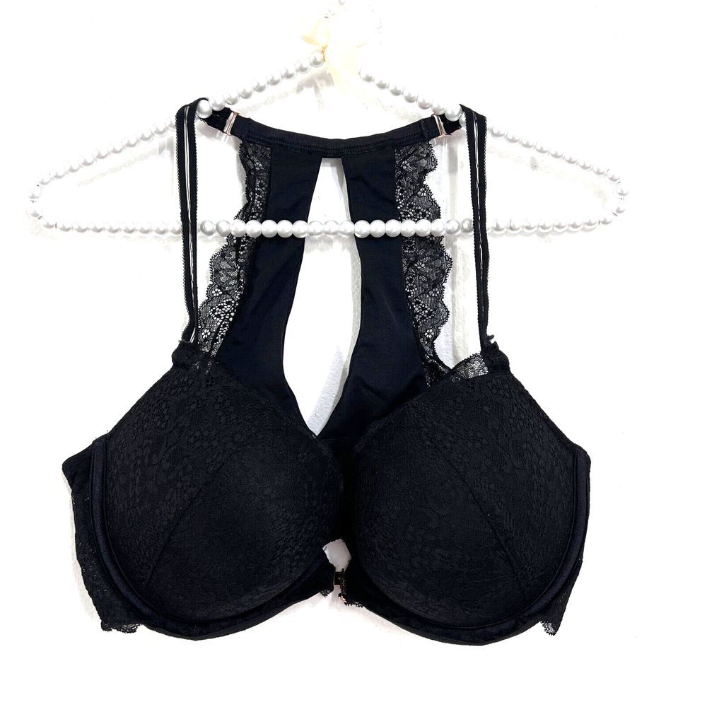 Victoria Secret PINK Bra 36DD Date Push Up Black Lace Front Close‎ Racerback